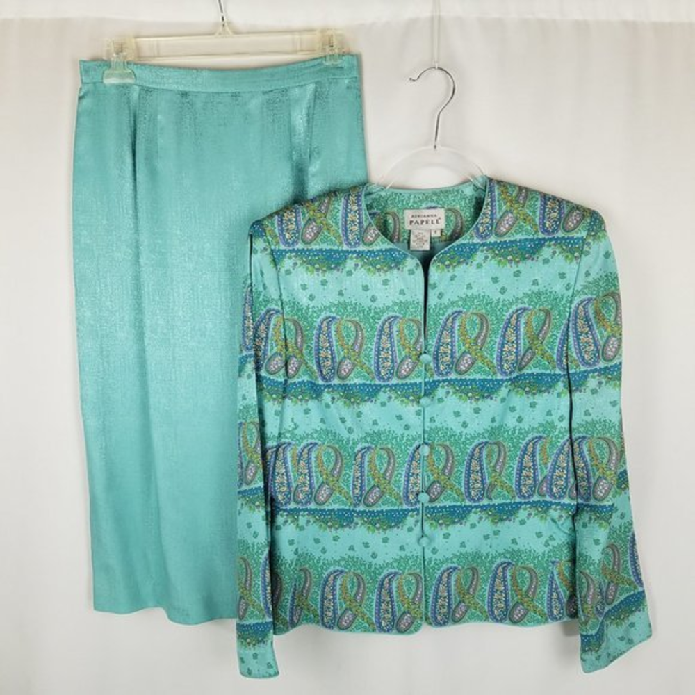 Adrianna Papell skirt suit aqua paisley 100% silk button front A-Line skirt‎ 8